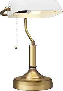 HOMCOM Banker's Table Lamp Desk Lamp with Antique Bronze Tone Base, White Glass Shade and Pull Rope Switch for Home Office, Living Room, Bedroom, Dining Room, White