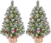 Yaheetech 2Pcs Pre-Lit Artificial Mini Tabletop Christmas Tree, 3ft/98cm Frosted Battery Operated Small Xmas Trees with 50 LED Lights, 70 Red Berries &10 Pinecones for Festival Decoration