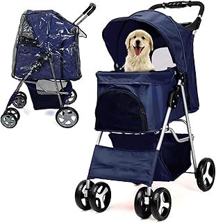 Dog Stroller with Rain Cover, Pet Pram for Small Medium Dogs, Dog Buggy with Storage Basket Cup Holder, Cats Dogs Pushchair, Foldable Pet Pram for Cats Puppies Dogs (Navy with Rain Cover)