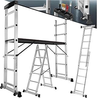 Aluminium Multi-Purpose Ladder, Adjustable 4-in-1 Work Platform, Scaffolding, Lean-To & Step Ladder, 150 kg Capacity, Durable Folding Frame, Scaffold Safety Bar, Rubber Feet with Wheels