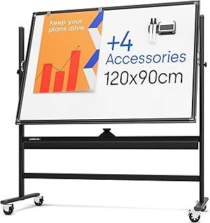 Rolling Magnetic Dry Erase Board 60 x 120 cm - Large Portable Whiteboard with Stand - Double Sided Easel Style with Wheels - Mobile Standing Whiteboard for Office, Classroom & Home