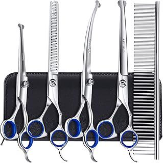 Gimars Professional 6 in 1 Dog Grooming Scissors 4CR Stainless Steel with Safety Round Tip, Heavy Duty Titanium Coated Pet Grooming Scissor for Dogs, Cats and Other Animals