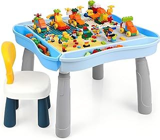 Children's Table and Chair Set, 5-in-1 Multifunctional Children's Play Table with 320pcs Play Blocks and 1 Chair, Play Table with Storage Space