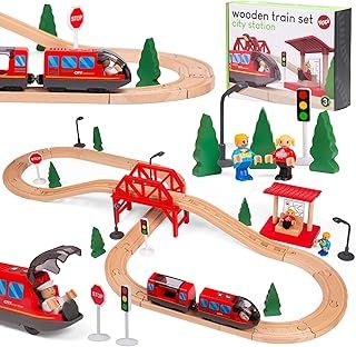 Tippi Wooden Train Set - 44 Piece Train Track With Battery Powered Train - Wooden Toys For 2-5 Year Old Boys - Kids First Train Set