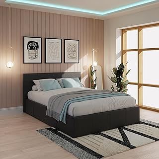 GFW Classic Leather Upholstered Ottoman Storage Bed With Gas End Lift & Under Bed Storage, King Size, Faux Leather, Black