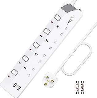 PIBEEX Extension Lead with 4 Way Plug Sockets, Wall Mountable Extension Socket with Individual Switches and 2 USB Charging Ports, 13A 3250W, 2M Extension Cord