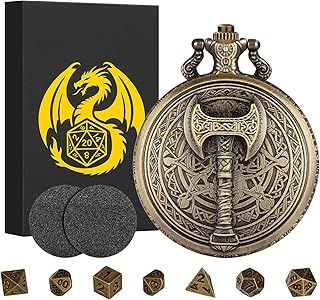 Mini DND Dice Set with Steampunk Barbarian Axe Pocket Watch Shell Case, 7pcs Polyhedral Metal DND Dice Set, D&D Gifts with Gift Box, DND Starter Set, Role Playing Board Games DND Accessories, Bronze