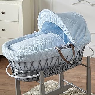 For Your Little One Blue Waffle Grey Wicker Baby Moses Basket With Mattress