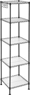 SONGMICS Bathroom Shelf, Metal Storage Rack, Total Load Capacity 100 kg, with 5 PP Sheets, Removable Hooks, 30 x 30 x 123.5 cm, Expandable Design, for Small Space, Black and Translucent LGR23BK