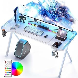 Gaming Desk with LED Lights, RGB Gaming Computer Desk, Gaming Table with Carbon Fibre Surface, LED Home Office Desk with Remote Control, PC Workstation with Cup Holder and Headphone Hook, White