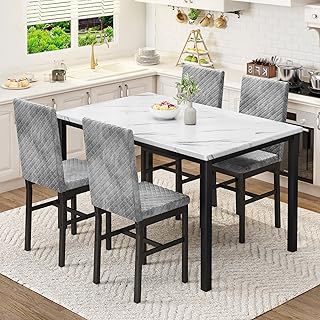 HOOSENG Dining Table and Chairs Set 4, Faux Marble Tabletop with 4 Upholstered Velvet Chairs, Kitchen Table Set for Apartment, White & Grey