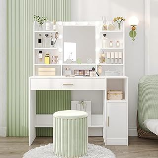 Dressing Table, Large Tabletop with Mirror, LED Light with Adjustable Brightness, Organiser Drawers and Storage Cabinets, Open Shelves, for Bedroom, Cloakroom, White DT19903XUK