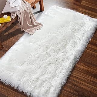Faux Sheepskin Rug Fluffy Rug,Fluffy Area Small Rugs Shaggy Rugs for Bedroom Rug Fluffy Sofa Floor Carpet Home Decoration White Rugs(27.5 x 53.1 inch)