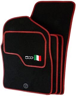 Precision - Tailored Car Mats - Intended for Fiat 500 2007-2012 with a 500 Logo - 4 Piece Set - Non-Slip Floor Mats - Black Carpet - Red Binding - Fittings Clips - SFP
