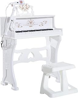 HOMCOM 37 Keys Kids Piano Mini Electronic Keyboard Light Kids Musical Instrument Educational Game Children Grand Piano Toy Set w/Stool & Microphone & Music Stand (White)
