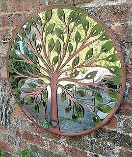 Beautiful green leaf tree of life metal framed wall mirror for your home or garden - 64cm diameter