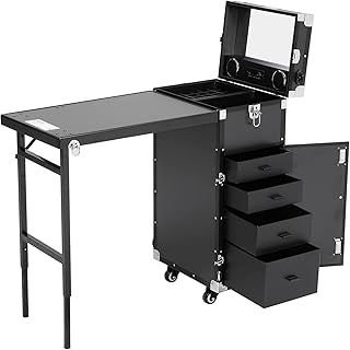 Warmiehomy Professional Manicure Table Nail Station, Portable Nail Desk, Mobile Makeup Trolley Case on Wheels, Nail Beauty Tech Station with Drawers/Mirror/Speaker Lock for Salon Travel Use, Black