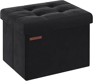 SONGMICS Storage Ottoman, Foldable Small Ottoman Foot Rest, 31 x 41 cm Foot Stool, Ottoman with Storage, Load up to 130 kg, for Living Room, Bedroom, Dorm, Ink Black LSF200B51