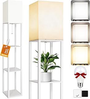 DEANIC Floor Lamp with Shelves, Modern Standard LED Lamps Living Room Bedroom Office, Wooden Tall Standing Lamp Reading Lamp Stand (Black, Standard) [Energy Class F]