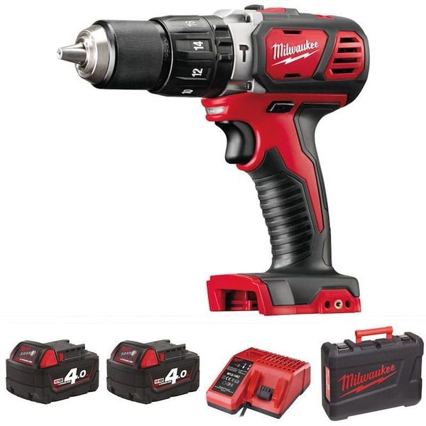 Milwaukee M18BPD-0 18v Combi Hammer Drill with 2 x 4.0Ah Batteries, Charger & Case, Black