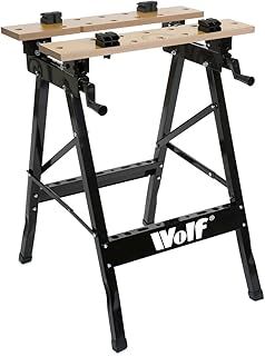 Workbench Folding Wolf Mobile Portable Bench Strong Hard Wearing MDF Top 30mm Steel Box Section Legs Jaw Grips Worktop for Sawing Drilling Planing & Sanding