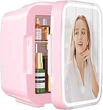 YASHE Mini Fridge for Bedroom, Skincare Fridge with LED Light Mirror, 4L Small Fridge Portable,220V AC/ 12V DC Thermoelectric Warmer & Cooler for Car Office Dorm (Pink)