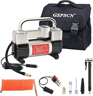 GSPSCN Silver Tyre Inflator Heavy Duty Double Cylinders with Portable Bag, Metal 12V Air Compressor Pump 150PSI with Adapter for Car, Truck, SUV Tyres, Dinghy, Air Bed etc