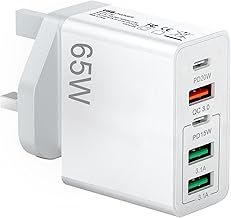 USB C Charger Plug,65W 5-Port Fast Charger Plug 20W PD Power Adapter QC 3.0 Wall Charger for Samsung Galaxy, Huawei, Tablet (White)