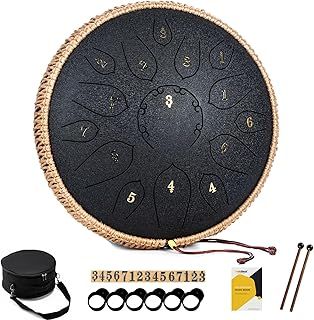 Steel Tongue Drum - 12 Inch 15 Notes Tongue Drum - Hand Pan Drum with Music Book, Handpan Drums Mallets and Carry Bag, D Major (Black)