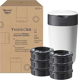 Tommee Tippee Twist and Click Nappy Bin Starter Set, 6x Refill Cassettes with Multilayer, Antibacterial Film, 100% Recycled Chassis, White (pack may vary)