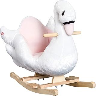 HOMCOM Kids Rocking Horse Plush Ride On Swan Toy w/Safety Seat for Toddler 18 Months +, White and Pink