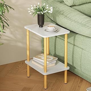 APICIZON 2 Tier Side Table, Narrow End Table with Storage Shelf, Bedside Table Nightstand for Small Spaces, Bedroom, Living Room, Entryway, Farmhouse, No-Tool Assembly, White & Oak