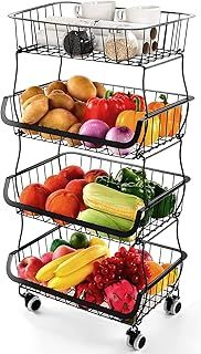 Fruit Vegetable Storage Basket Rack, 4 Tier Stackable Metal Wire Storage Baskets on Wheels, Fruit Vegetable Produce Basket Organizer Bins for Kitchen, Pantry, Bathroom Black
