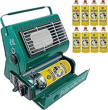 Portable Gas Heater + 8 Butane Gas Bottles Canisters - For Outdoor Camping, Hiking, Fishing, Caravan & Skiing Trips - Emergency, Safety Grill, Auto Ignition, Carry Handle & Temp Control
