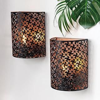 NEWIMAGE Set of 2 Battery Powered Lamp 20cm H Wall Sconce Lighting Metal Rustic Wall Mount Lamp with 6-Hours Timer Wall Decor for Living Room Bedroom Hallway Stairway (Brown, Flower)
