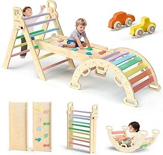 BlueWood Triangle Set 7in1 Foldable Baby Climbing Toys Wooden Montessori with Arch&Ramp&Ladder Climber Indoor Jungle Gyms for Toddlers - Rainbow