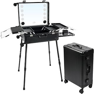 Rolling Makeup Train Case with Lighted Mirror, 24in PC Material Make-up Cosmetic Organizer Box Travel Case with Bluetooth Professional Protable Trolley Salon Staion, 4 Display Buttons (Black)