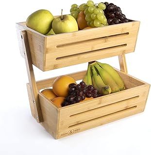 2 Tier Bamboo Storage Basket | Fruit & Vegetable Rack | Home, Kitchen & Office | Utensils Set & Holder | Storage Rack | Wooden Crate | Cleaning Stand | M&W