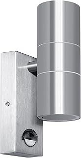 Kerry Outdoor Wall Lights, Up and Down Lamp with Motion Sensor, IP44 Silver Stainless Steel Outside Lighting Mains Powered Fixtures, PIR Detector External Wall Sconce for Front Door, Porch, Garden