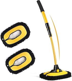innhom 15° Curve Car Wash Brush,Telescopic Car Cleaning Brush, Microfibre Car Wash Brush Mop, Upgraded Aluminum Alloy Car Wash Brush Long Handle for Cars RV SUV Truck (Yellow( Mop and 2 Head))