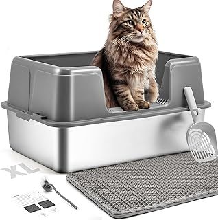 Papettly Extra Large Stainless Steel Litter Box, 36L Cat Litter Tray with Splash-Proof Lid, Easy Cleaning Odor-Less XL Cat Litter Tray with Double Layer Litter Mat, Litter Scoop, Brush, 60x40x31CM