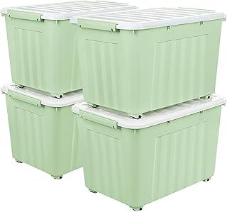 Cetomo 55L*4 Storage Boxes with Wheels, Plastic Storage Box with Lid, Latching Buckles, Click Closure, Stackable, Nesting, Durable Organizer for Home Office Clothes, Green, 55L-4 Pack