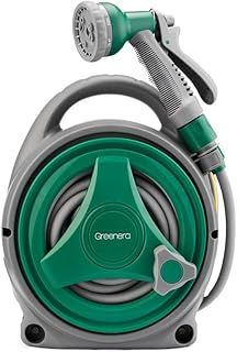 Garden Hose Reel 14M, Compact & Portable Hose Pipe Reel with 8 Adjustable Spray Gun Nozzles, Manual Retractable Garden Water Hose Reel,Outdoor Flexible Hose Reel Set for Garden Patios and Balconies