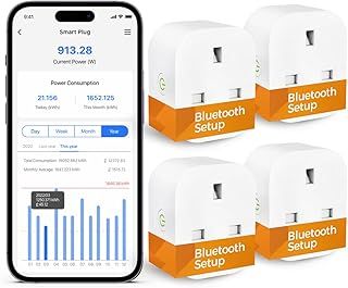 Smart Plug Works with Alexa, Google Home, Bluetooth Smart Socket with Energy Monitoring Support App Remote Control, Voice Control, Timer, No Hub Required, 13A, 4 Packs