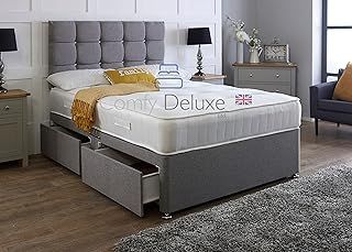 Luxury Linen Fabric Divan Bed Set With Memory Sprung Mattress And Matching Cube Headboard (Grey, 2FT6 Small Single 0 Drawer)