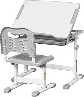 HOMCOM Kids Desk and Chair Set, Height Adjustable Student Writing Desk, Children School Study Table with Tiltable Desktop, Drawer, Pen Slot, Hook - Grey
