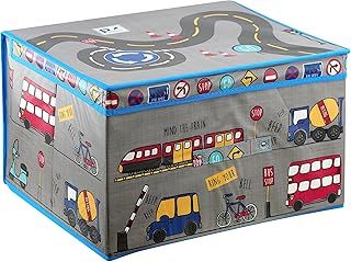 The Magic Toy Shop Large Foldable Kids Toy Storage Box with Lid - Travel Design - Collapsible Fabric Organizer for Children's Toys, Crafts, Clothes - for Boys & Girls Bedroom 50x30x40cm