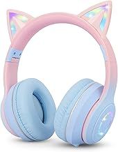 Sendowtek Kids Wireless Headphones Over Ear Cat Earphone with Flashing Lights Built-in Mic Cute Bluetooth Headphones for Girls Adults Travel Plane