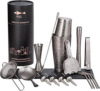 SKY FISH Boston Cocktail Shaker Set, 3D Embossed Design Bartender Set, 18-Piece Cocktial Making Kit, Stainless Steel Barware Tool Set, Space Grey