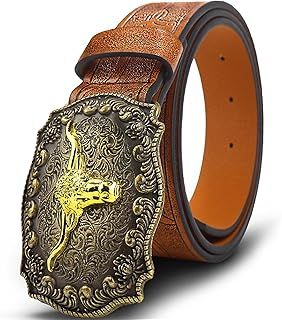 Oyifan Western Cowboy Cowgirl Leather Belt, Men's Longhorn Bull Floral Engraving, Women Brown Large Buckle Western Belt